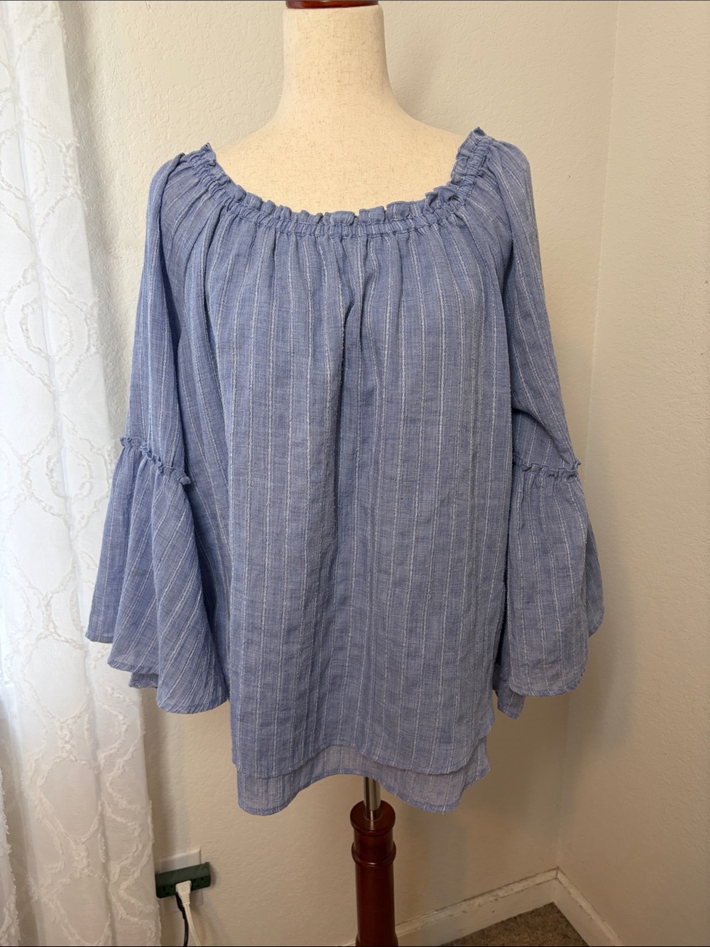 Westport 3X Blue Gauze Peasant Blouse Bell Sleeve Off Shoulder Plus Size Boho To